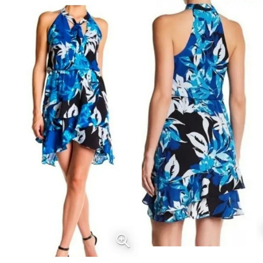 Parker Diane Halter Blue Floral Mini Dress Size Medium